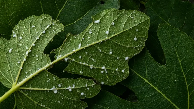 A fig leaf beaded with milky sap